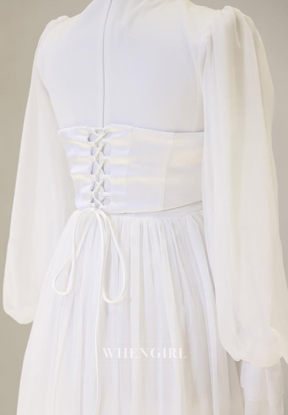 High Neck Long Sleeved Pleated Beaded Floor Length A-Line Chiffon Formal Evening Dress