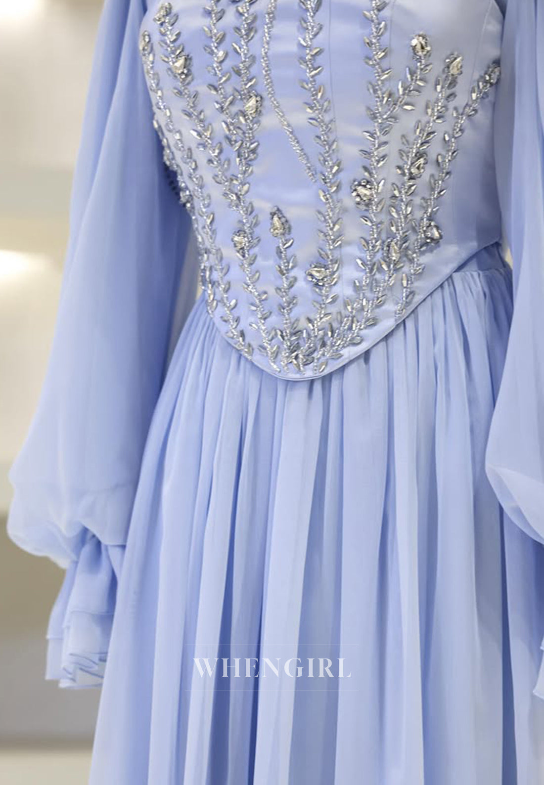 High Neck Long Sleeved Pleated Beaded Floor Length A-Line Chiffon Formal Evening Dress