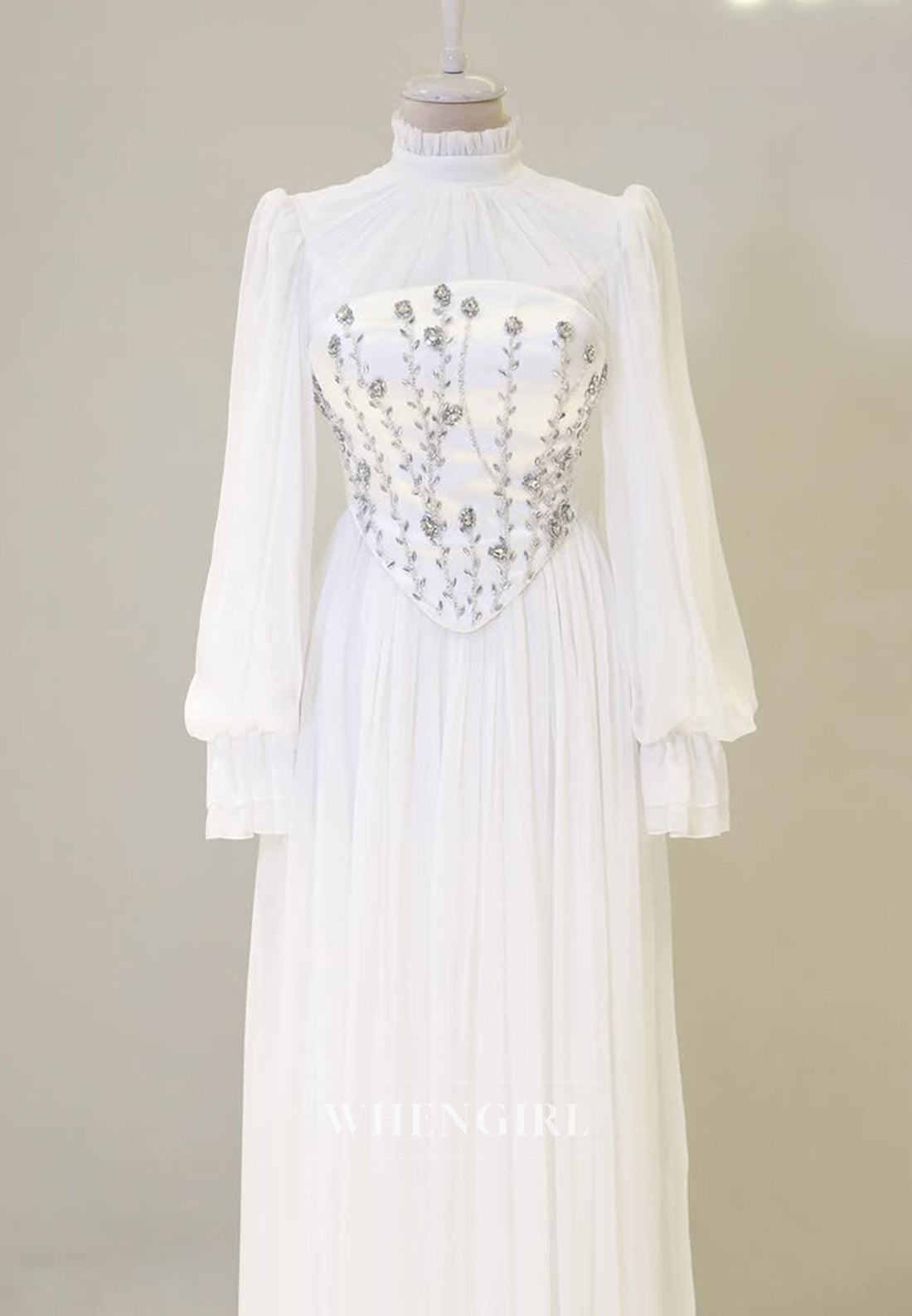 High Neck Long Sleeved Pleated Beaded Floor Length A-Line Chiffon Formal Evening Dress