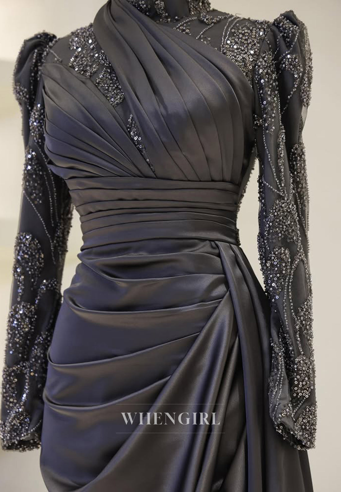 High Neck Beaded Long Sleeves Pleated Sheath Floor Length Evening Formal Dress