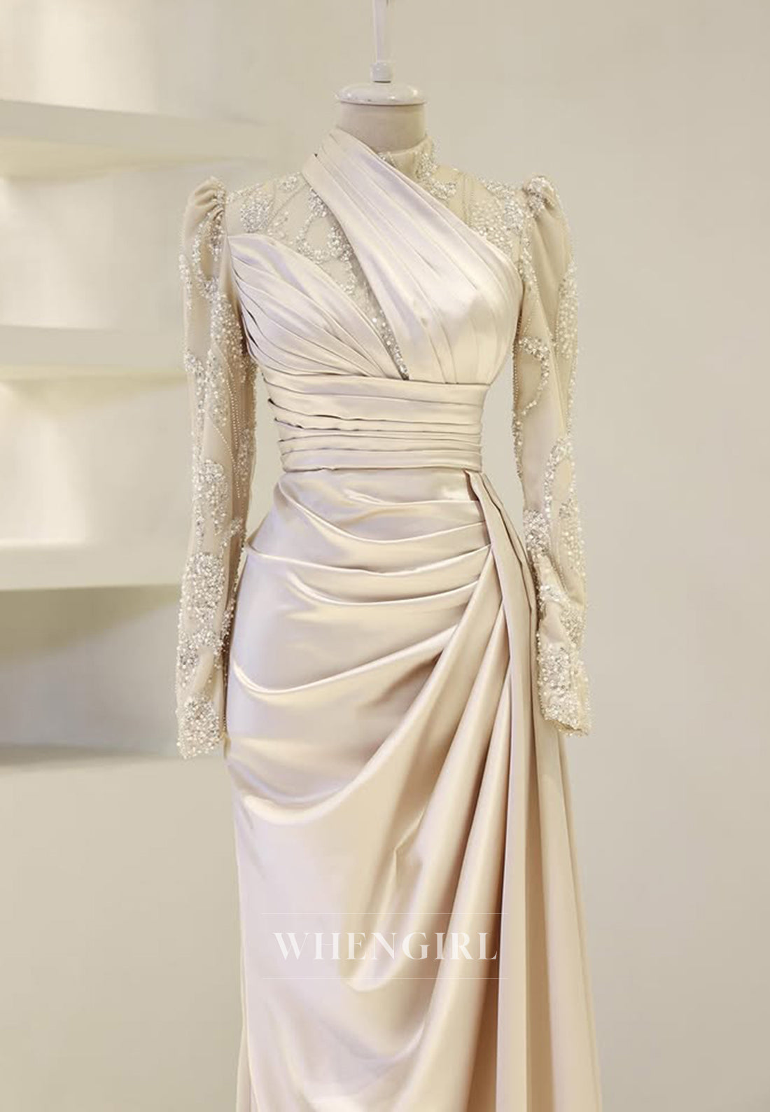 High Neck Beaded Long Sleeves Pleated Sheath Floor Length Evening Formal Dress