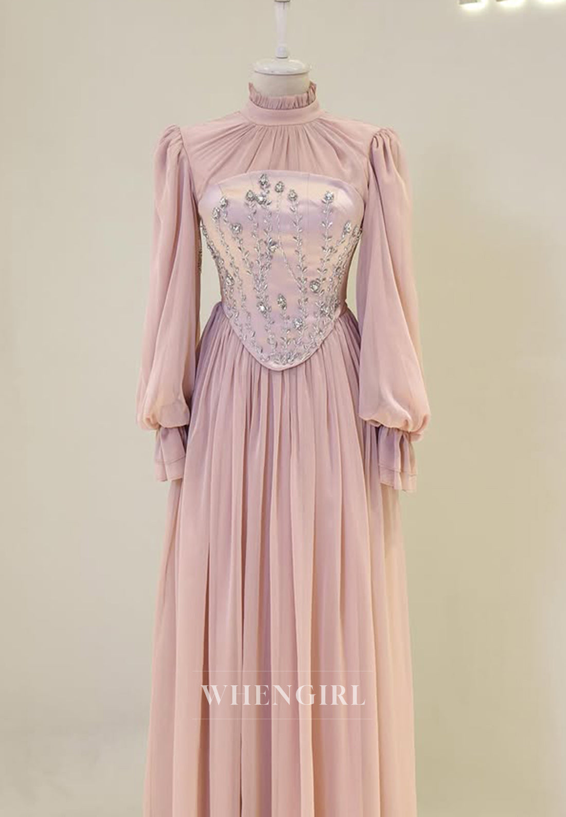 High Neck Long Sleeved Pleated Beaded Floor Length A-Line Chiffon Formal Evening Dress