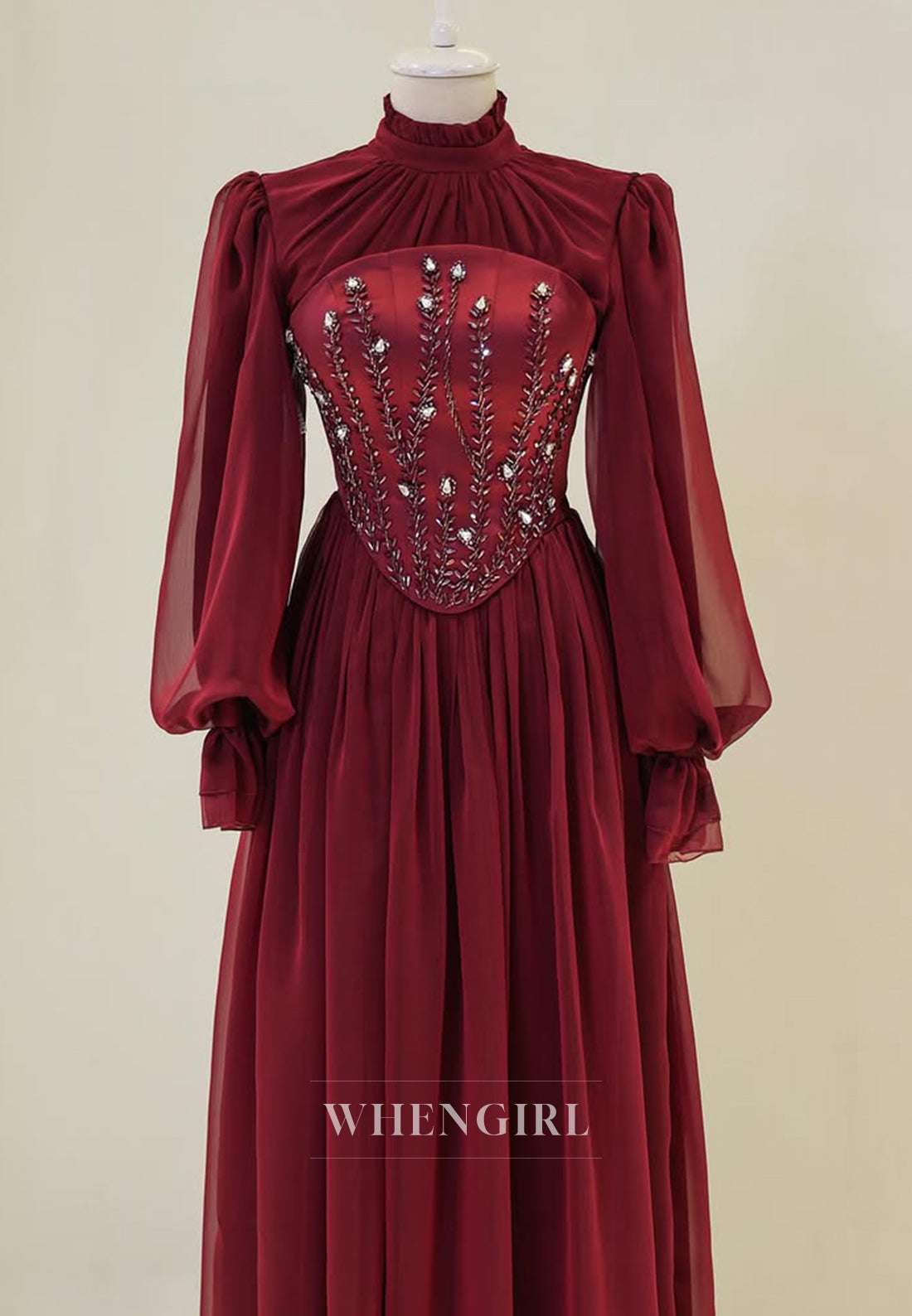 High Neck Long Sleeved Pleated Beaded Floor Length A-Line Chiffon Formal Evening Dress