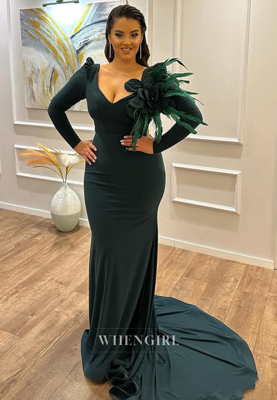 Graceful V-Neck Long Sleeves Mermaid Satin Floral Feathers Prom Party Dress with Beads