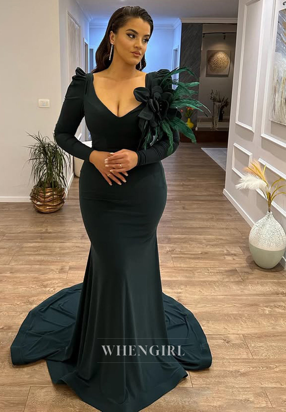 Graceful V-Neck Long Sleeves Mermaid Satin Floral Feathers Prom Party Dress with Beads