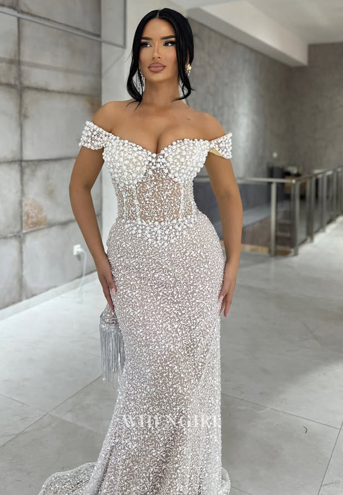 Beaded Off-Shoulder Sleeveless Sheath Sequin Long Party Prom Dress with Train