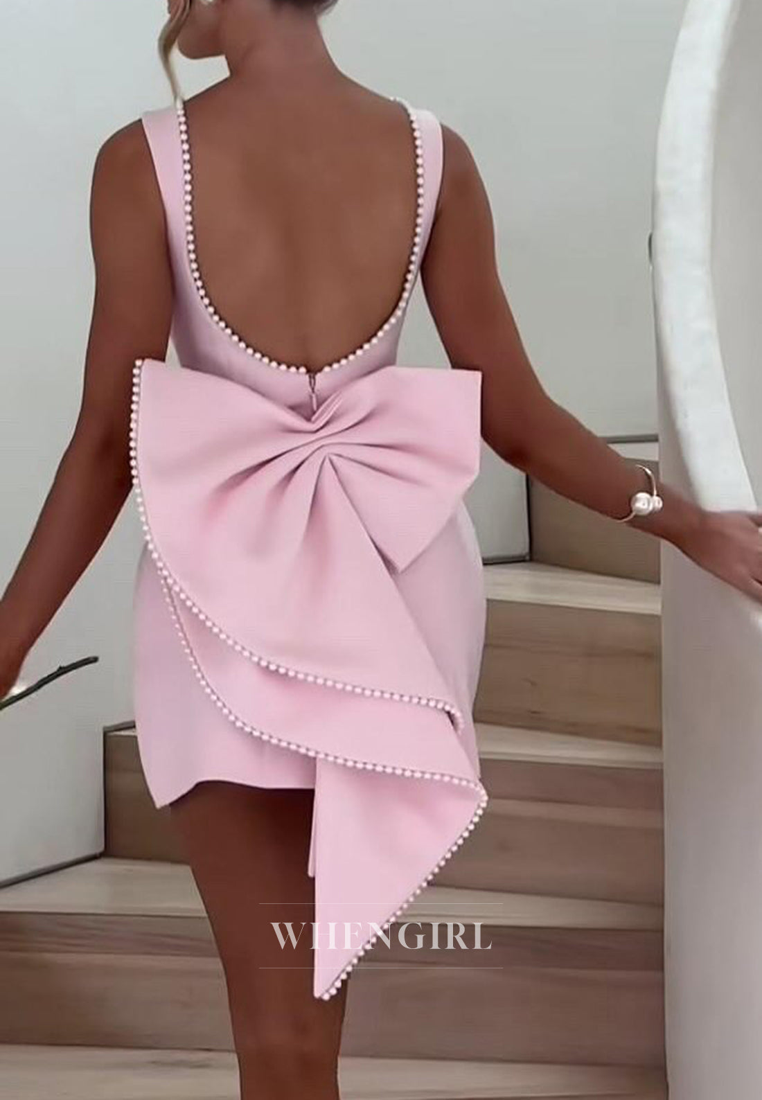 A-Line Sleeveless Bateau Neck Pearls Bowknot Low Back Homecoming Dress