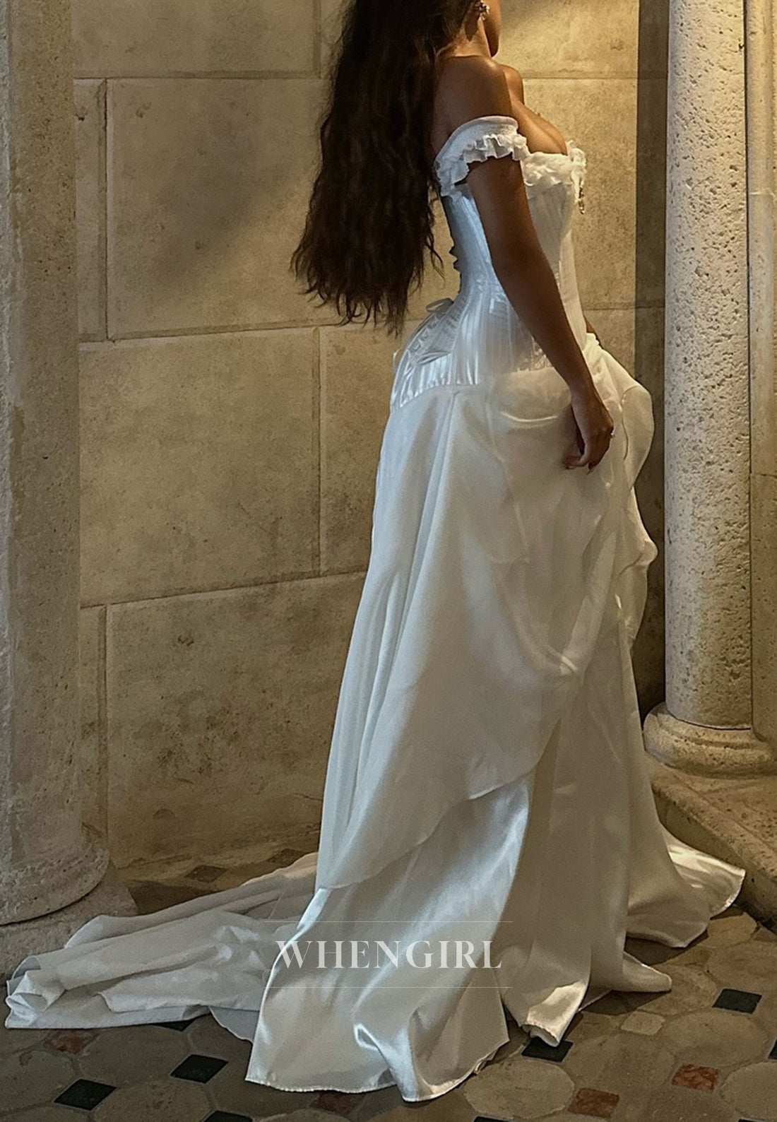A-Line Beaded Off Shoulder Sweep Train Lace Up Pleated Vintage Wedding Dress