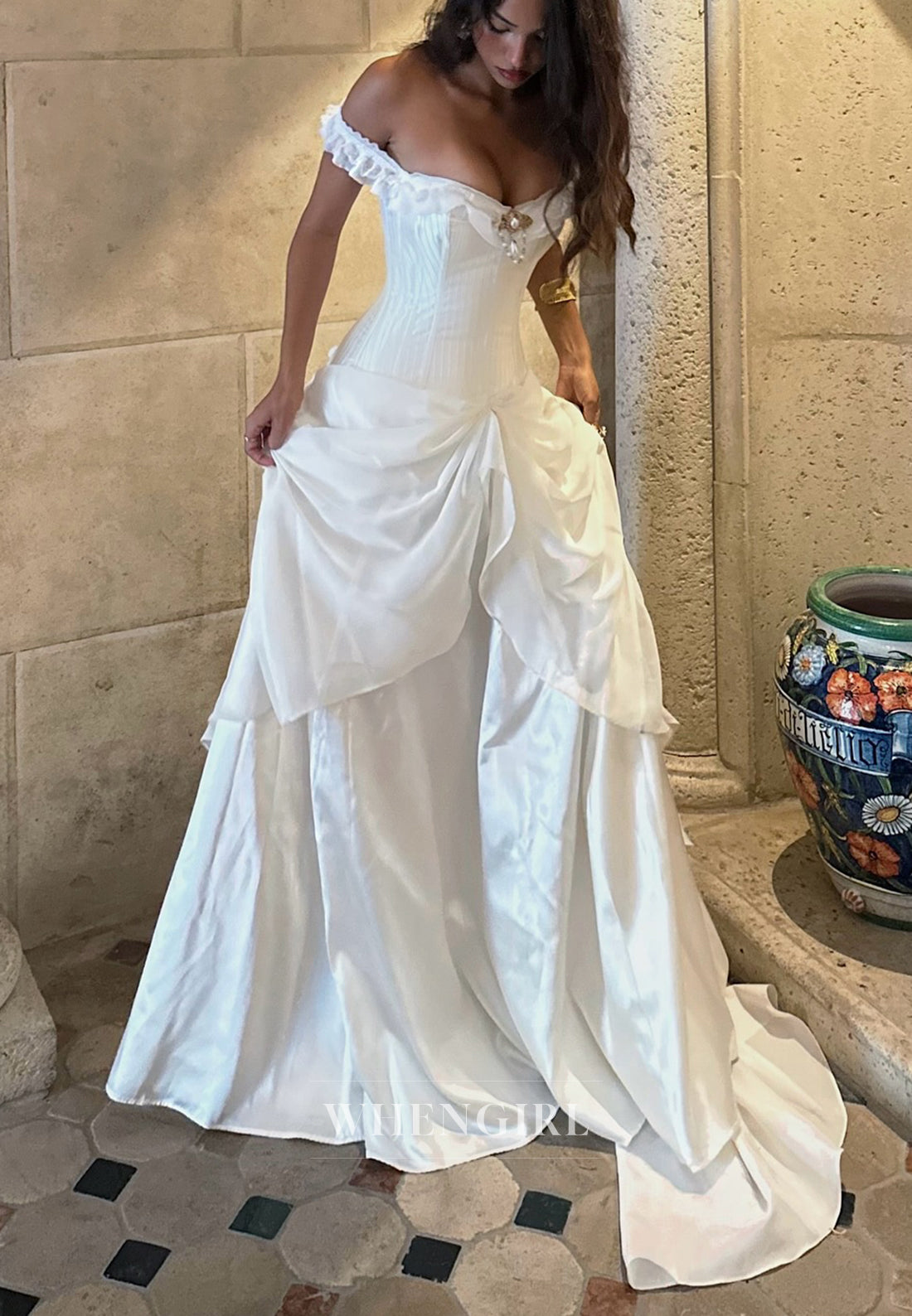 A-Line Beaded Off Shoulder Sweep Train Lace Up Pleated Vintage Wedding Dress