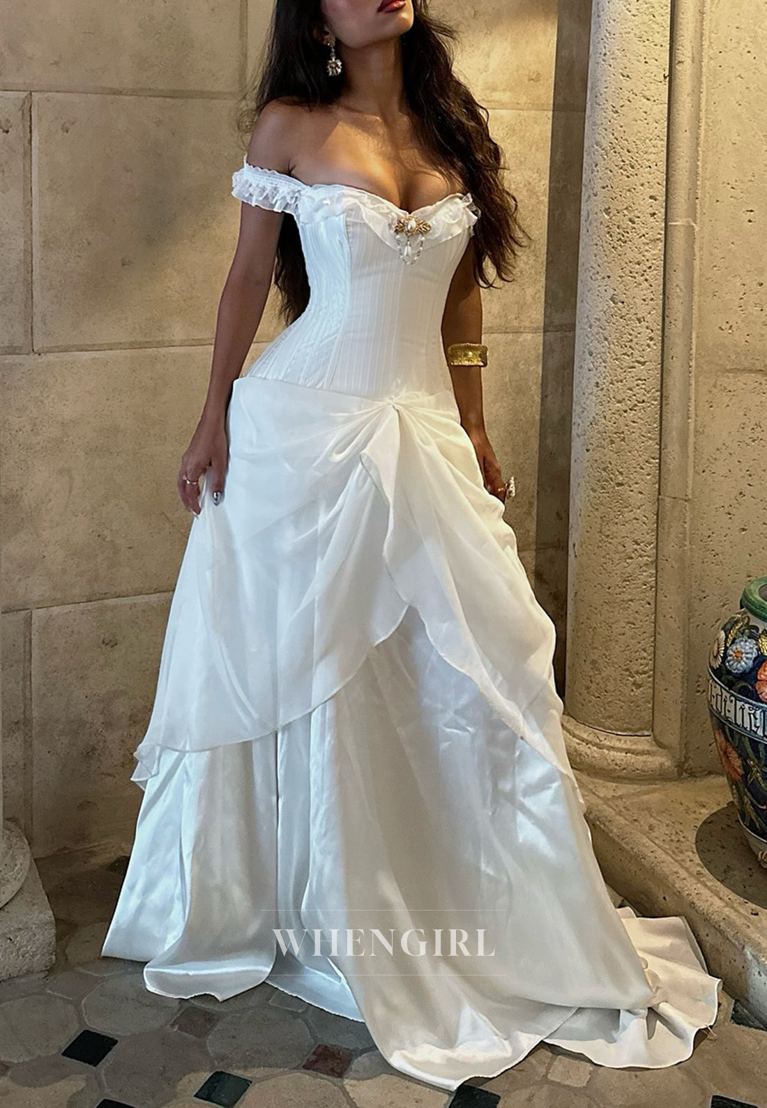 A-Line Beaded Off Shoulder Sweep Train Lace Up Pleated Vintage Wedding Dress