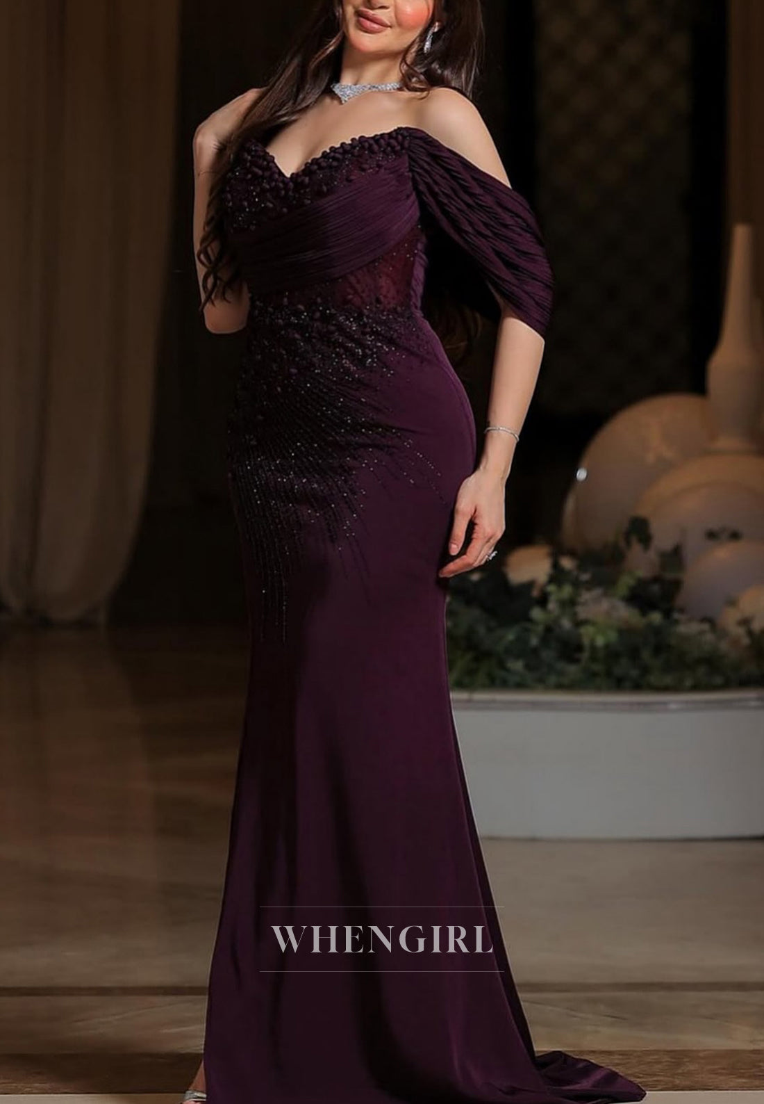 Raspberry Off Shoulder Beaded Mermaid Long Formal Evening Dress with Side Slit