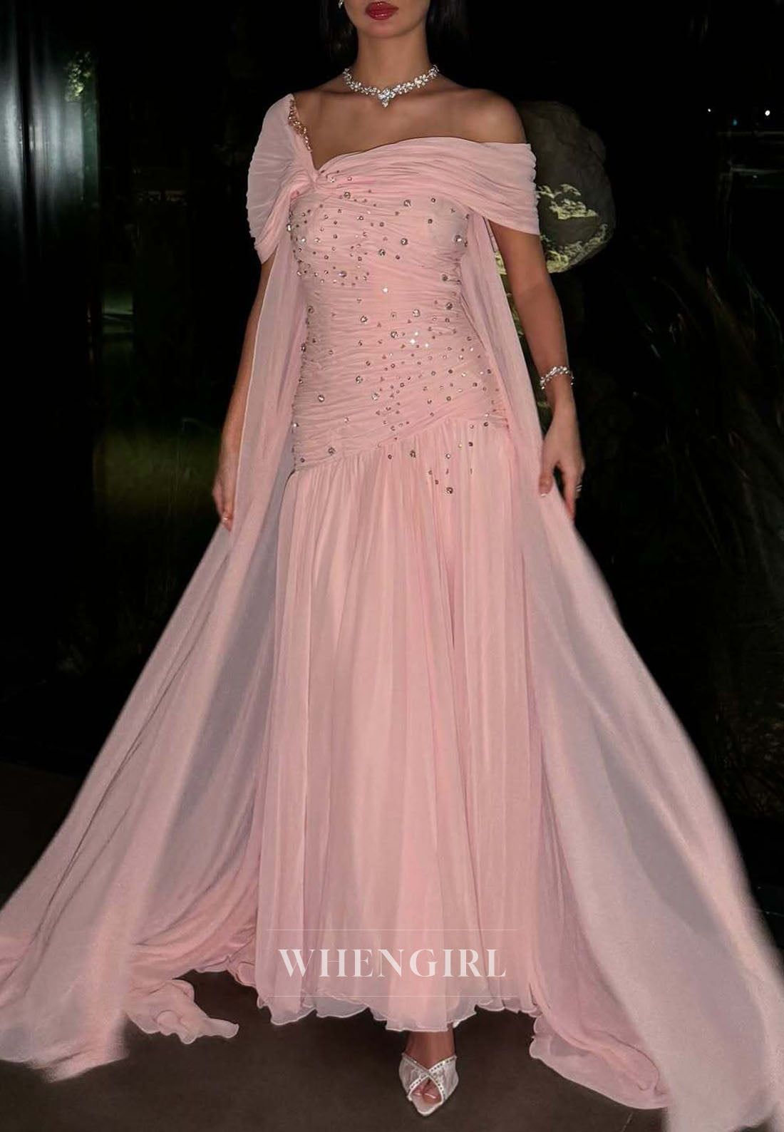 Pink Asymmetrical Neck Beaded Column Evening Formal Dress