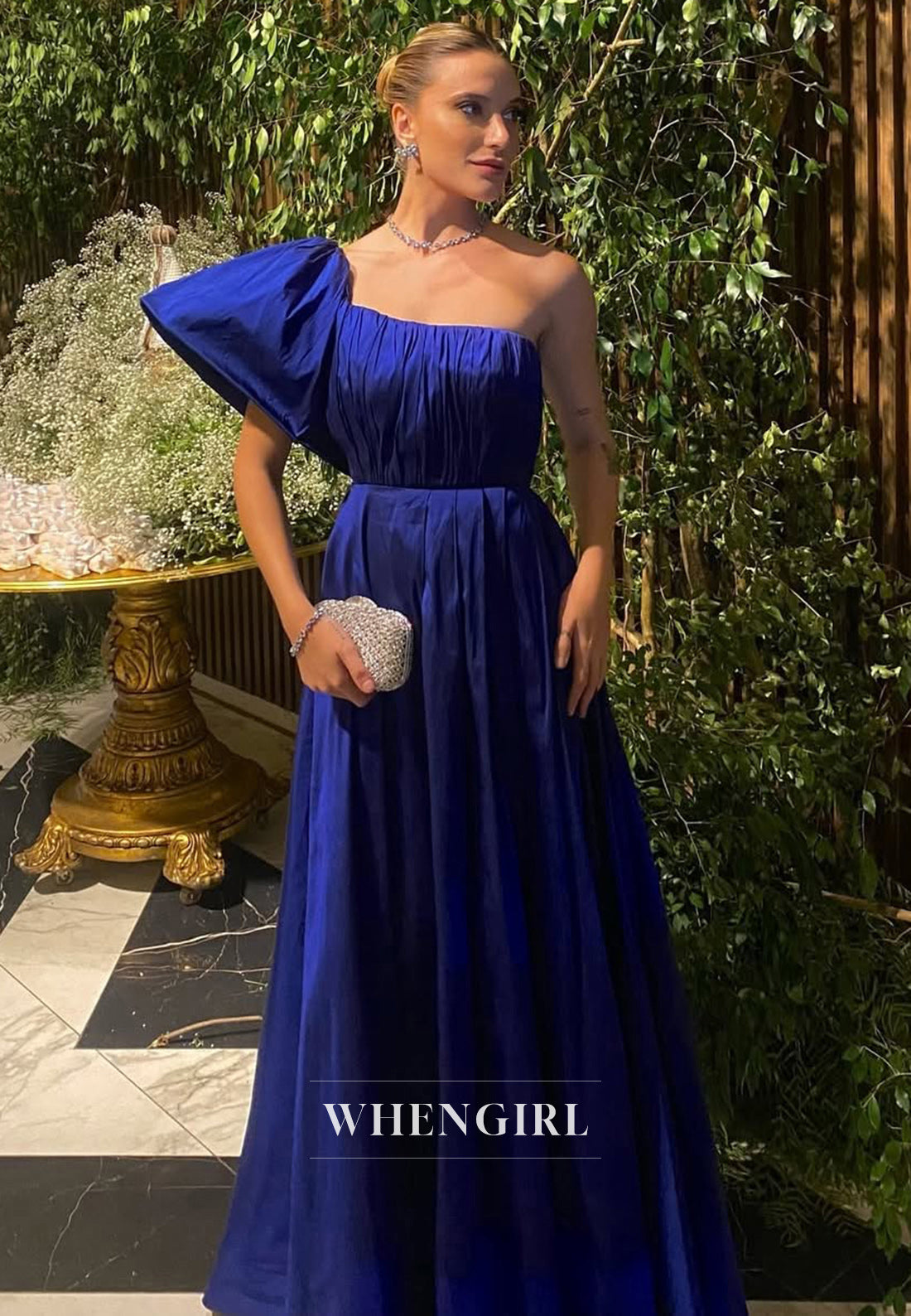 Classic One Shoulder A-Line Sleeveless Pleats Satin Long Formal Prom Dress
