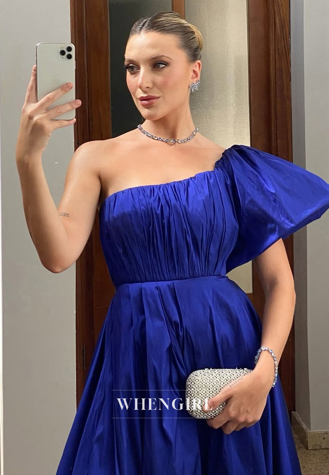 Classic One Shoulder A-Line Sleeveless Pleats Satin Long Formal Prom Dress