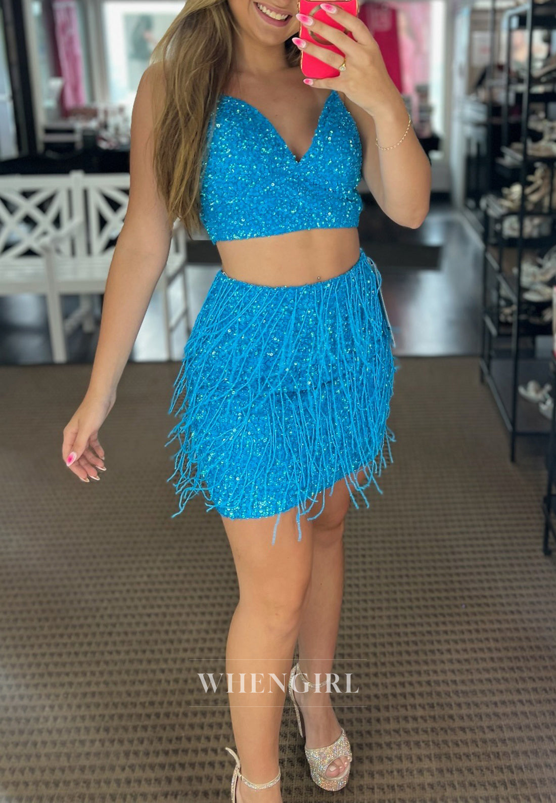 Ocean Blue V Neck Sleeveless Beaded Tassel Sheath Short Homecoming Dress