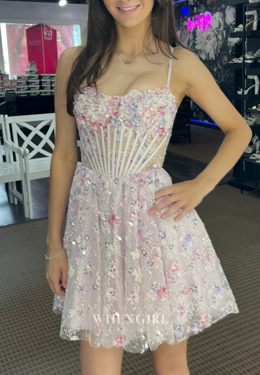 Floral Bateau Neck Sleeveless Spaghetti Straps Beaded Lace Up A-Line Short Homecoming Dress