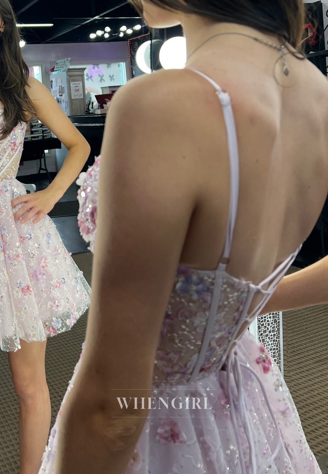 Floral Bateau Neck Sleeveless Spaghetti Straps Beaded Lace Up A-Line Short Homecoming Dress