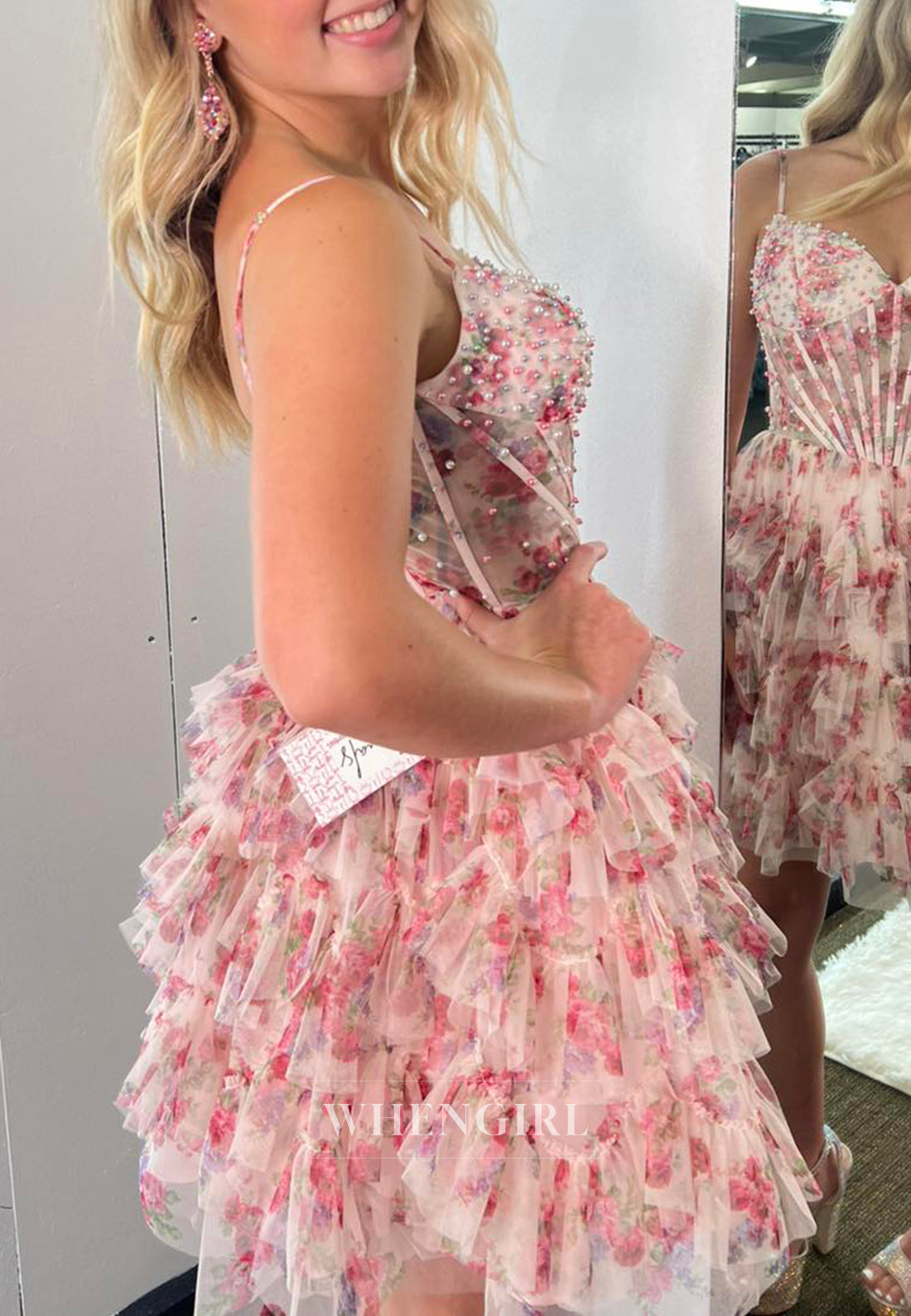V Neck Pearls Beaded Multi Tiered Floral A-Line Back Zipper Short Homecoming Dress
