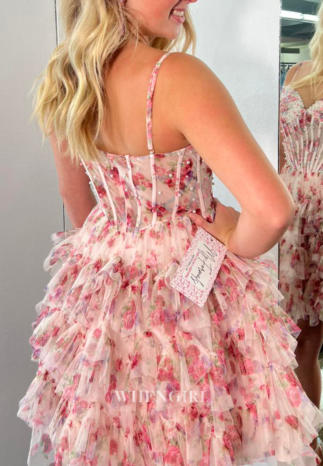 V Neck Pearls Beaded Multi Tiered Floral A-Line Back Zipper Short Homecoming Dress