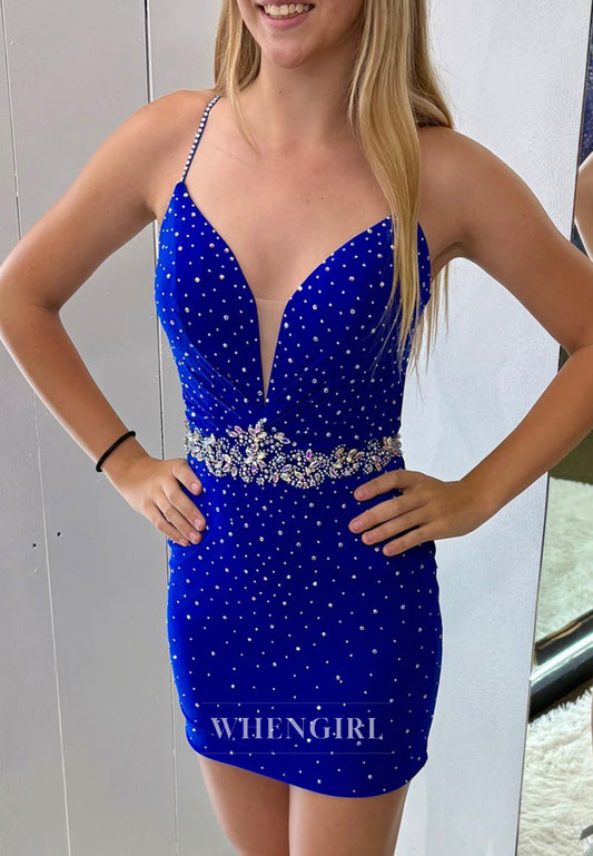 Royal Blue V Neck Spaghetti Straps Sleeveless Sheath Short Homecoming Dress