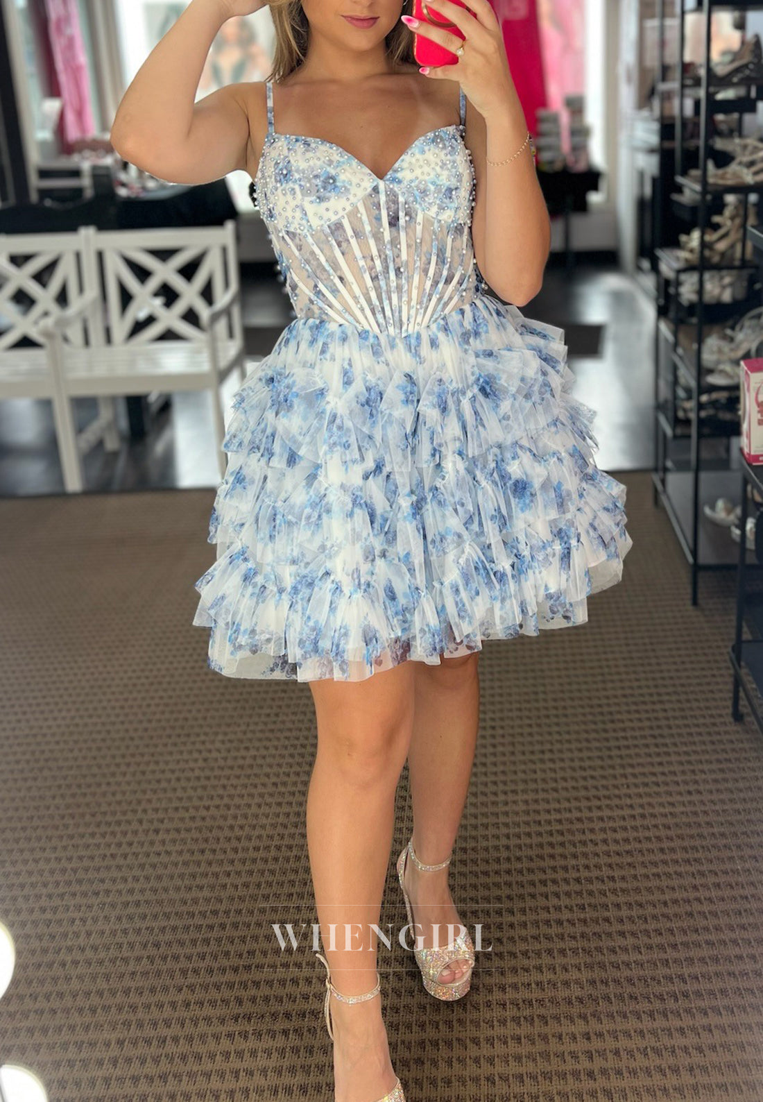 V Neck Pearls Beaded Multi Tiered Floral A-Line Back Zipper Short Homecoming Dress