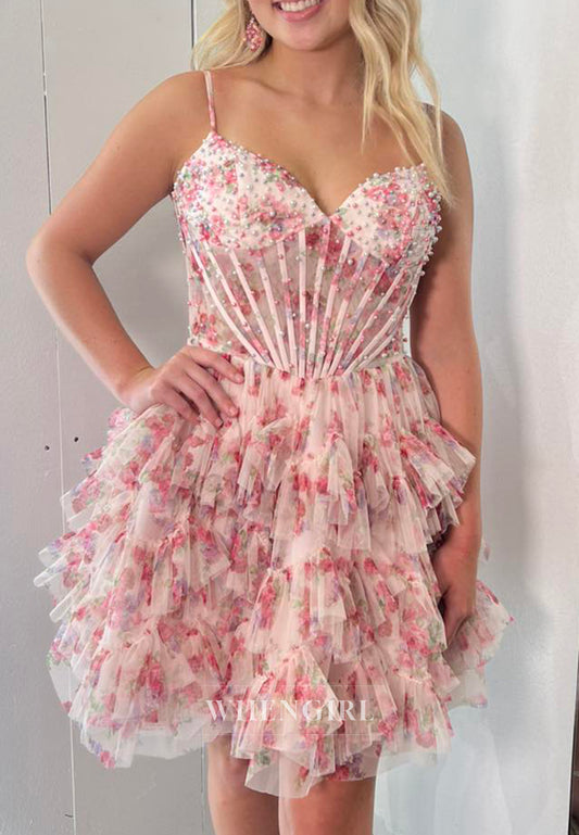 V Neck Pearls Beaded Multi Tiered Floral A-Line Back Zipper Short Homecoming Dress