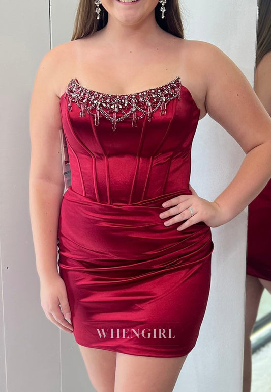 Burgundy Bateau Neck Sleeveless Beaded Pleated Sheath Back Zipper Short Homecoming Dress