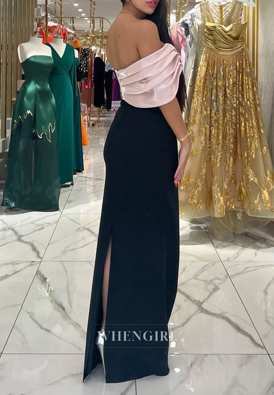 Pink and Black One Shoulder Formal Gown Floor Length Pleated Column Evening Dress
