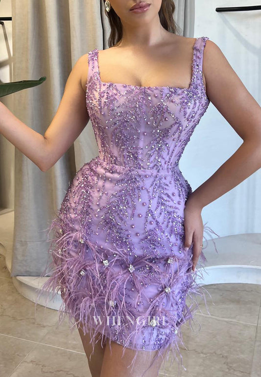 Lilac Sleeveless Square Neck Feather Rhinestones Beaded Sheath Short Homecoming Dress