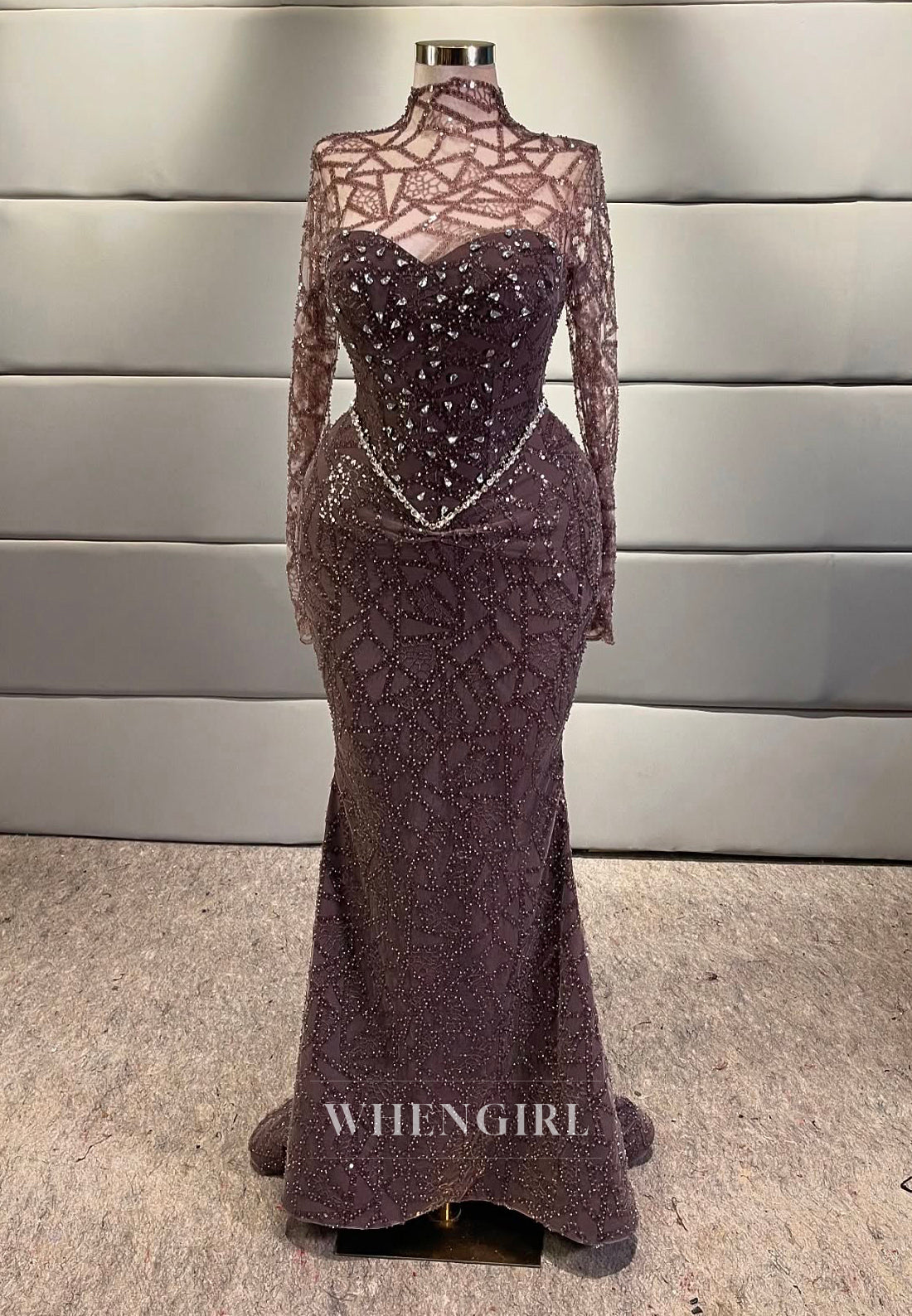 Raspberry High Neck Long Sleeves Evening Dress Rhinestone Beading Sheath Formal Gown with Removable Train