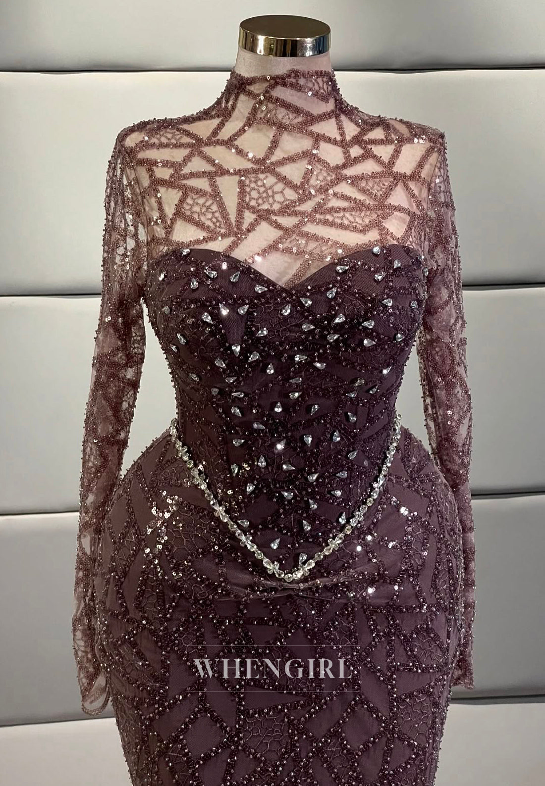 Raspberry High Neck Long Sleeves Evening Dress Rhinestone Beading Sheath Formal Gown with Removable Train