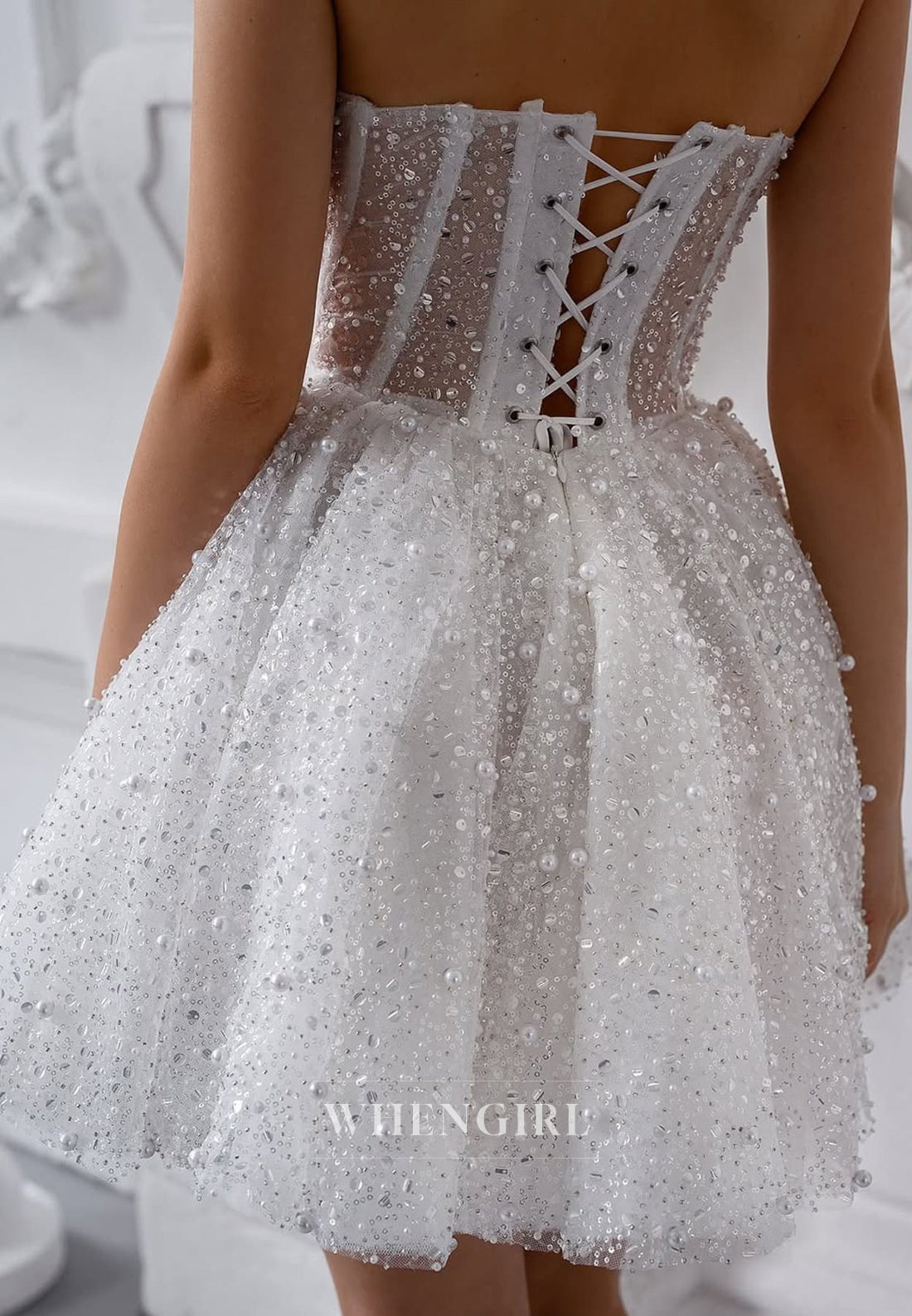 A-Line Beaded Sleeveless Lace Up Sweetheart Short Wedding Dress