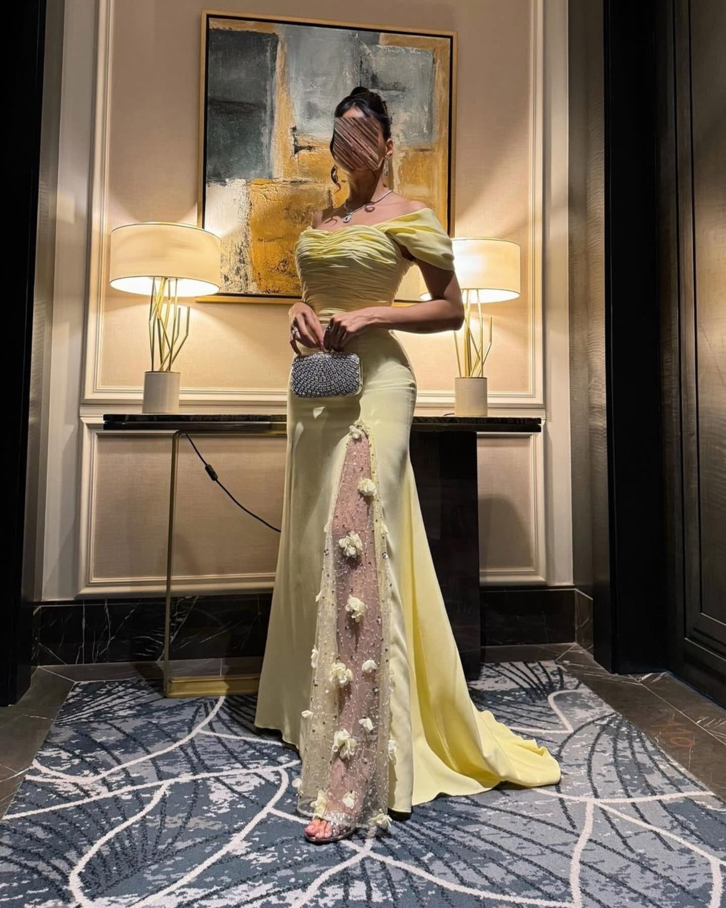 Off-Shoulder Long Sleeves Sheath High Slit Floral Ruched Satin Prom Dress with Beads Party Dress