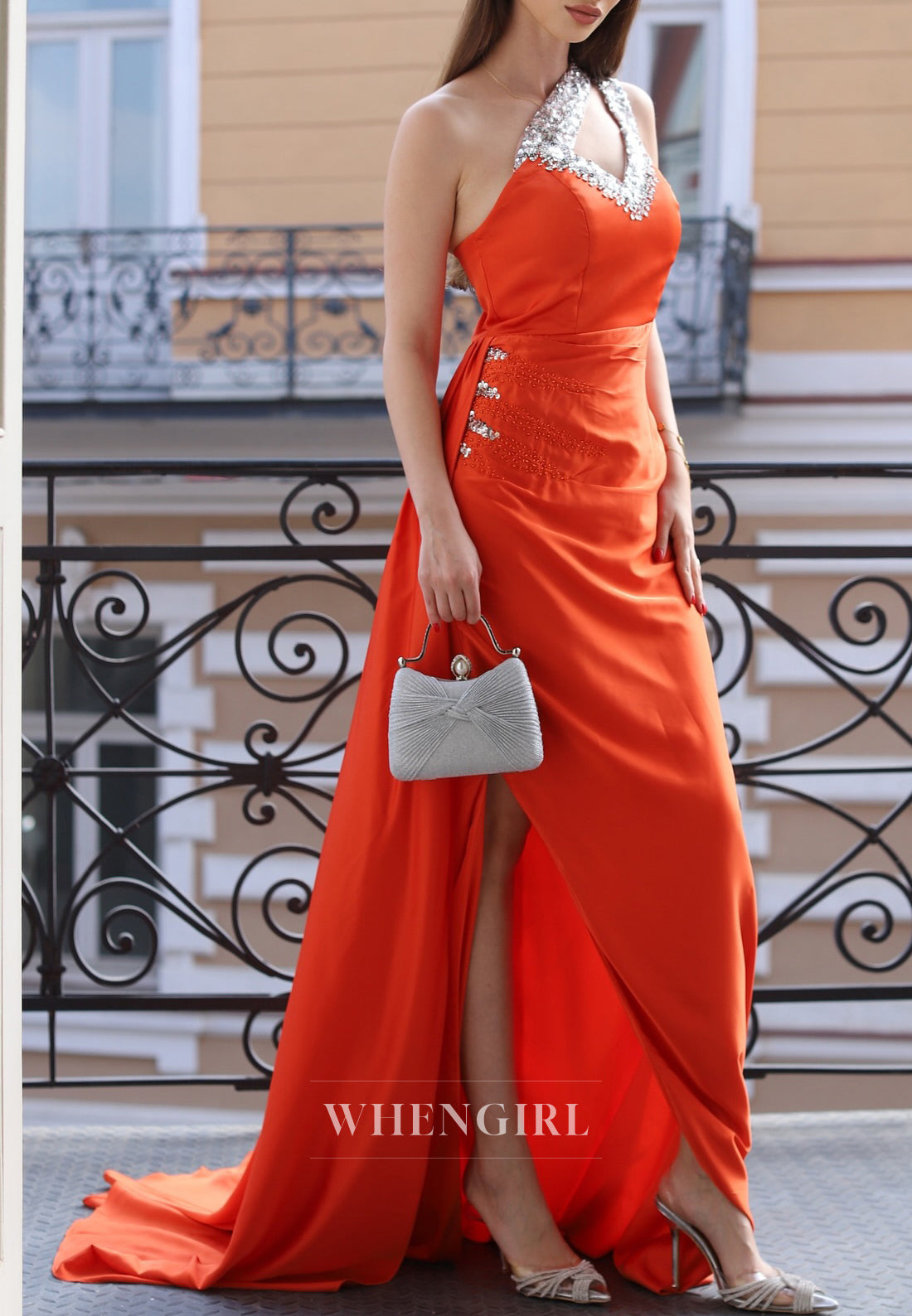 Papaya Asymmetrical Neck Sleeveless Beaded Pleats Side Train Sheath Prom Dress