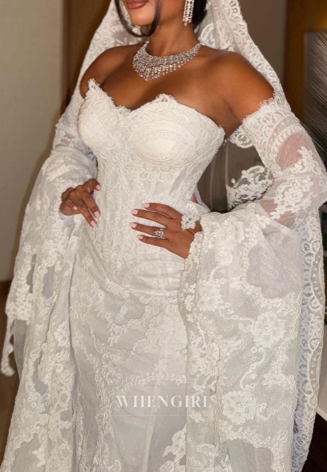 Sweetheart Appliqued Lace Mermaid Wedding Dress with Bell Sleeves