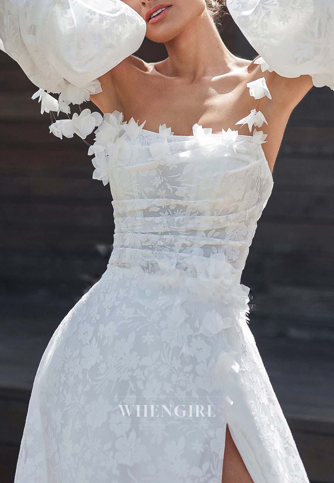 Off Shoulder Long Sleeves Appliqued Lace Side Slit Sweep Train Lace Up A-Line Wedding Dress