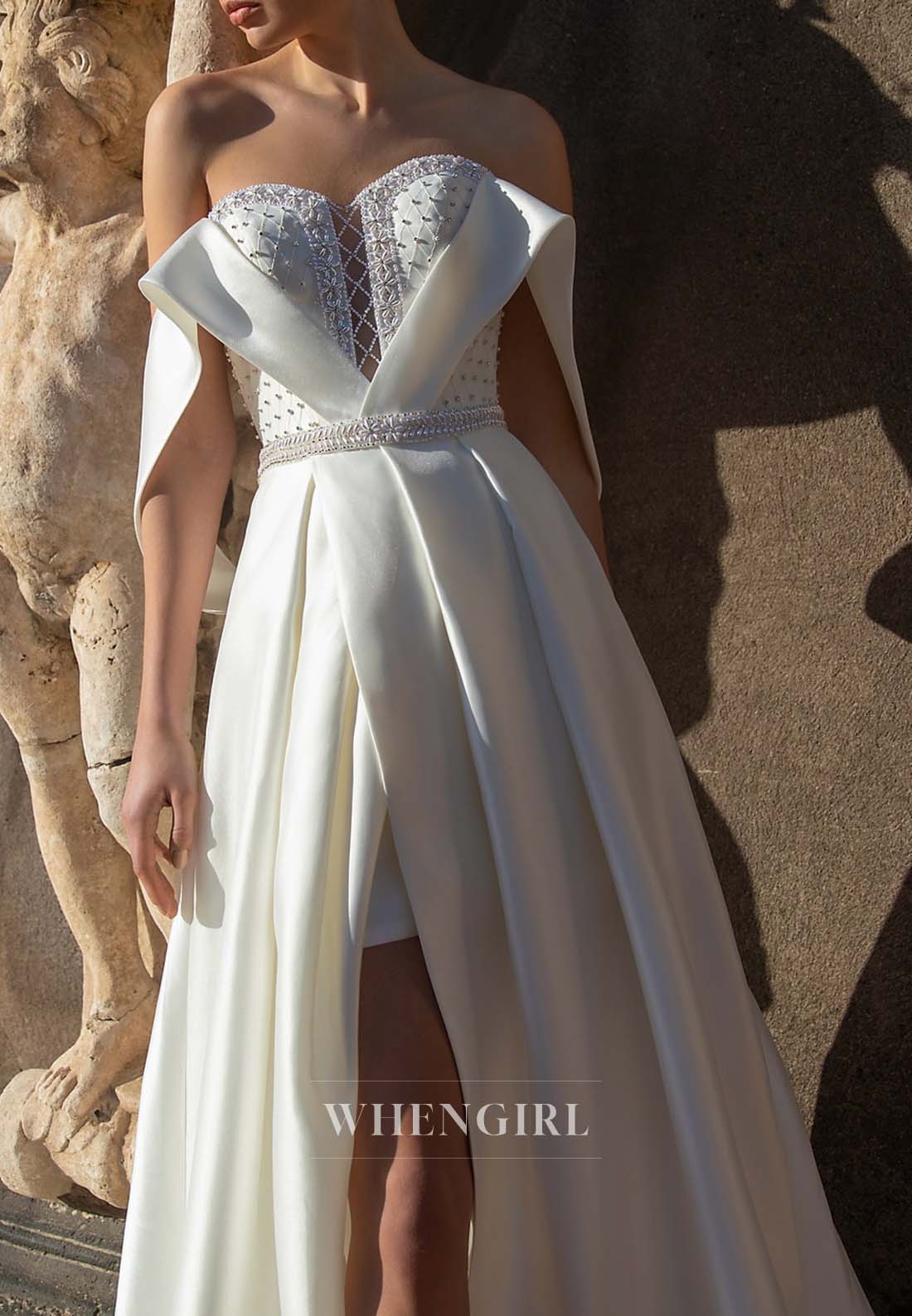 Off Shoulder Beaded Sleeveless Pleated A-Line Wedding Dress with Sweep Train