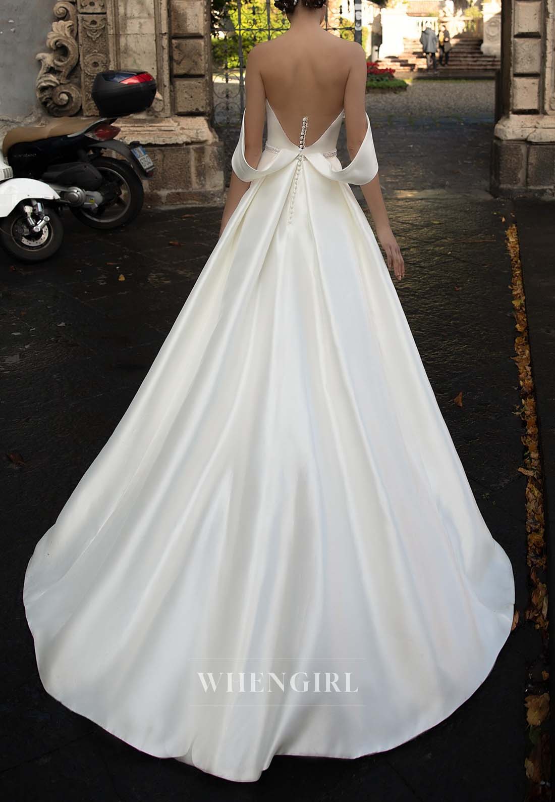 Off Shoulder Beaded Sleeveless Pleated A-Line Wedding Dress with Sweep Train