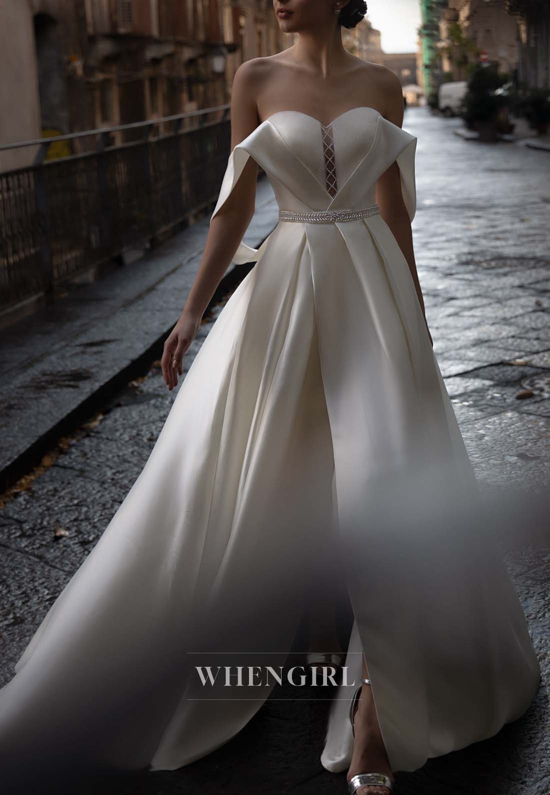 Off Shoulder Beaded Sleeveless Pleated A-Line Wedding Dress with Sweep Train