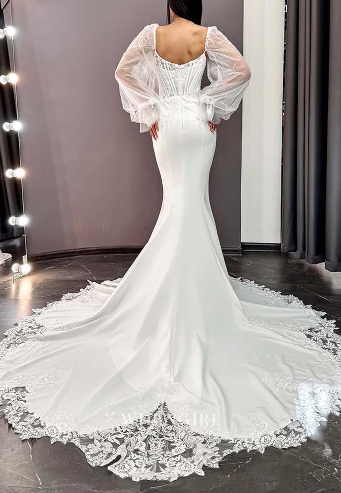 Sweetheart Long Sleeves Appliqued Lace Back Zipper Court Train Mermaid Wedding Dress