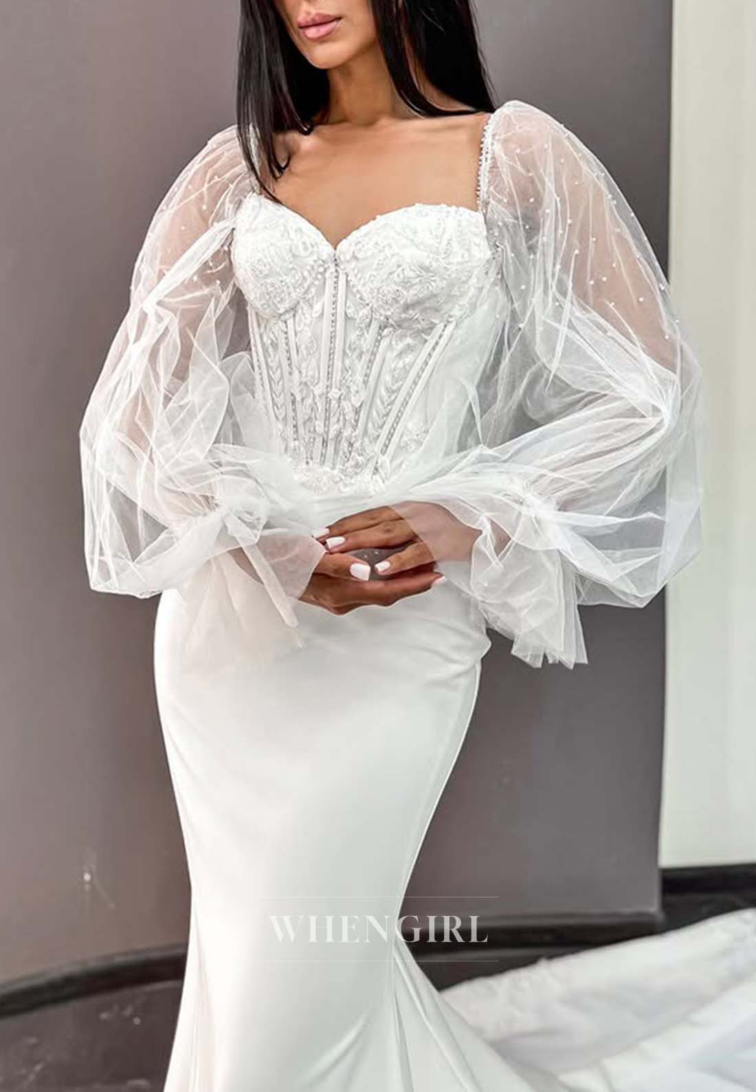 Sweetheart Long Sleeves Appliqued Lace Back Zipper Court Train Mermaid Wedding Dress
