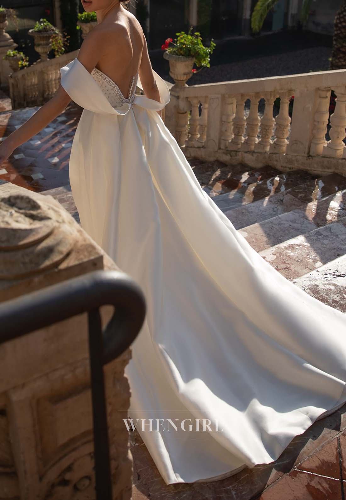 Off Shoulder Beaded Sleeveless Pleated A-Line Wedding Dress with Sweep Train