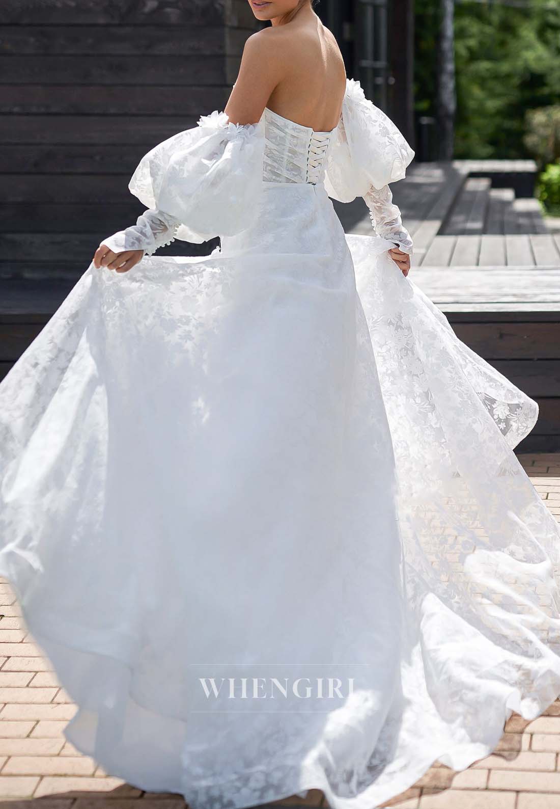 Off Shoulder Long Sleeves Appliqued Lace Side Slit Sweep Train Lace Up A-Line Wedding Dress