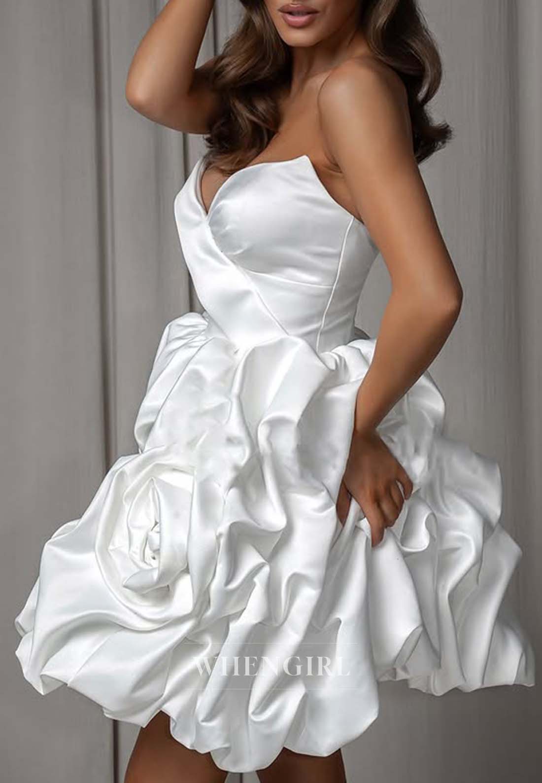 A-Line V Neck Ruched Flowers Lace Up Sleeveless Short Wedding Dress