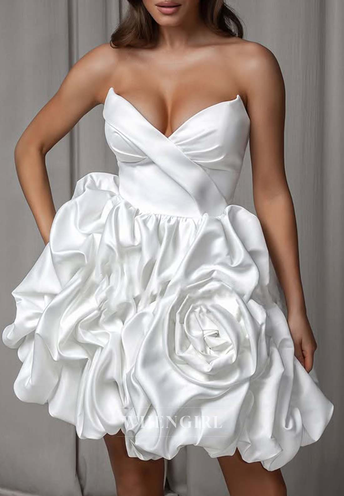 A-Line V Neck Ruched Flowers Lace Up Sleeveless Short Wedding Dress