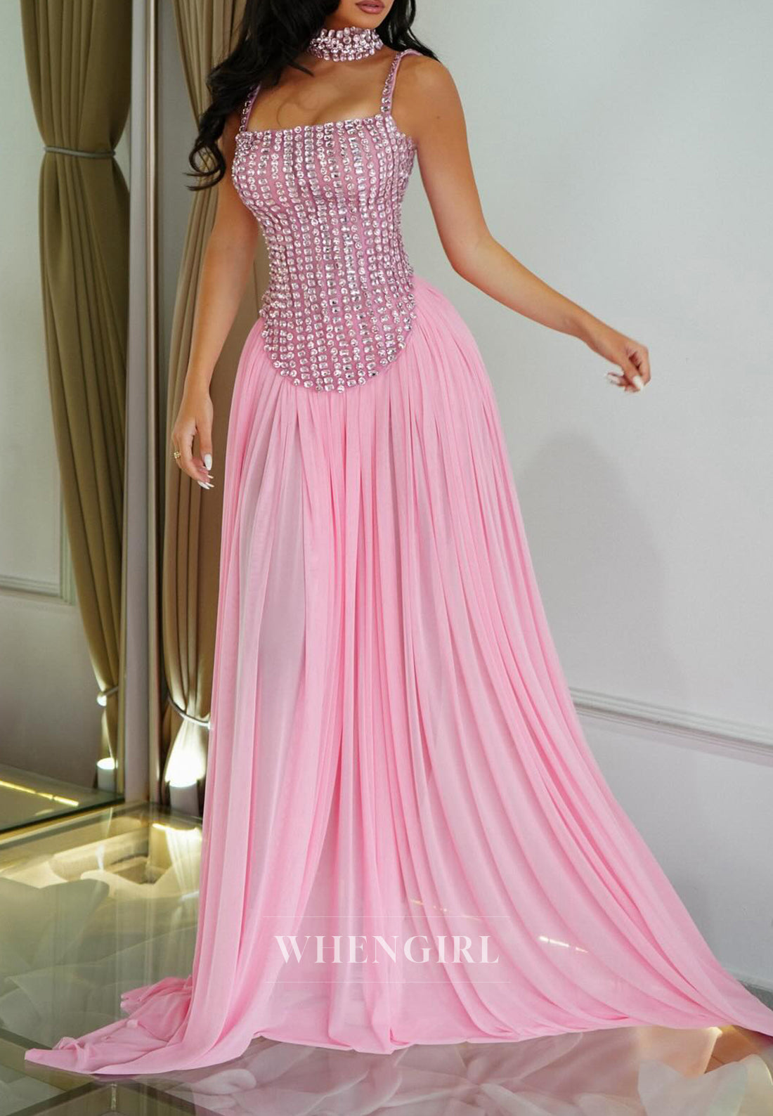 Candy Pink Suqare Neck Beaded Straps A-Line Formal Evening Dress with Sweep Trian