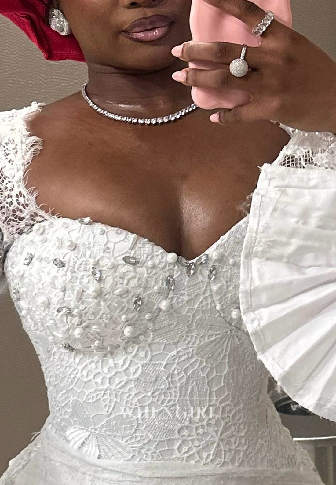 Sheath Sweetheart Long Lace Sleeves Beaded Floor Length Wedding Dress