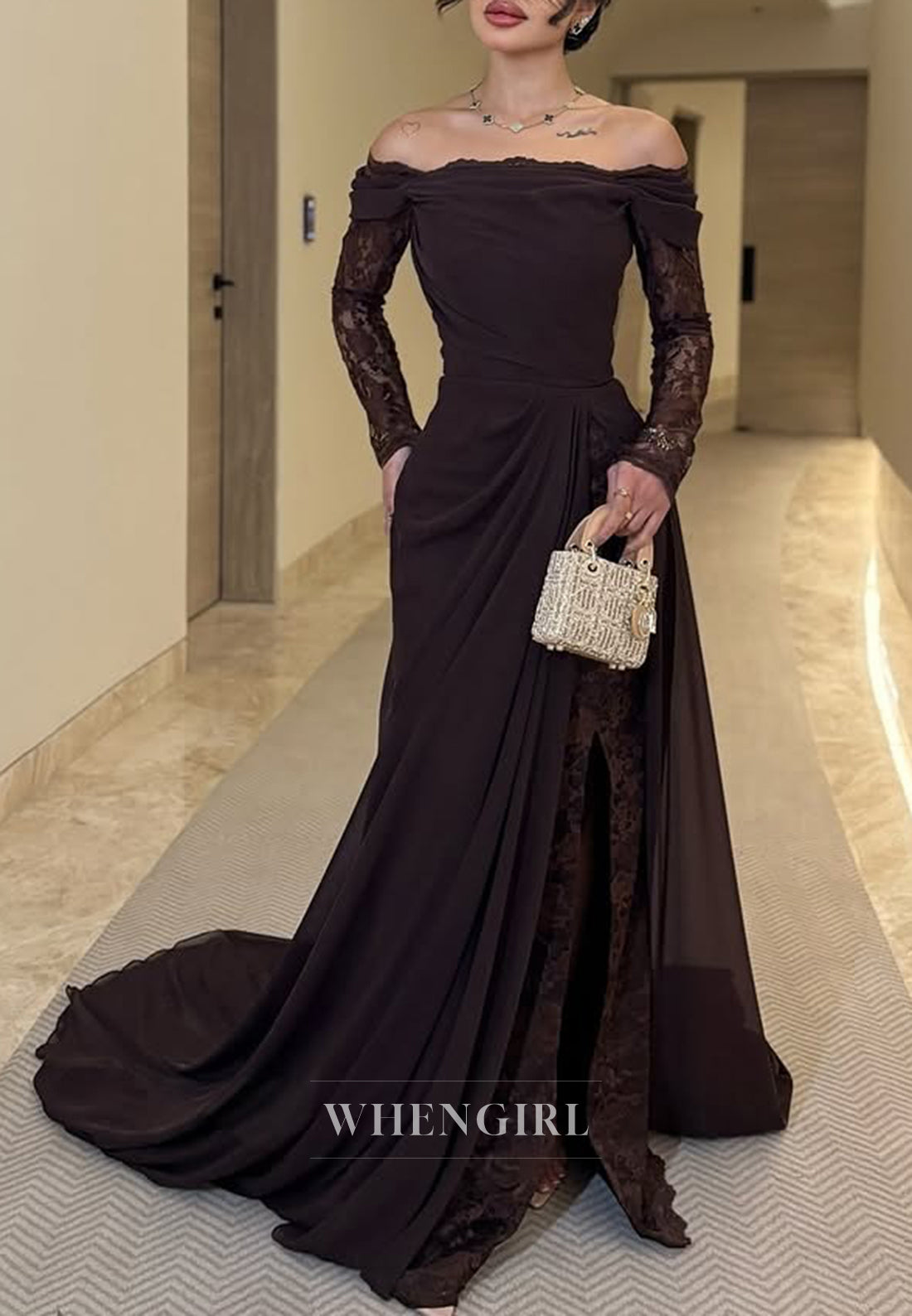 Chocolate Pleated Side Slit Off Shoulder Lace Long Sleeves Mermaid Sweep Train Formal Evening Dress