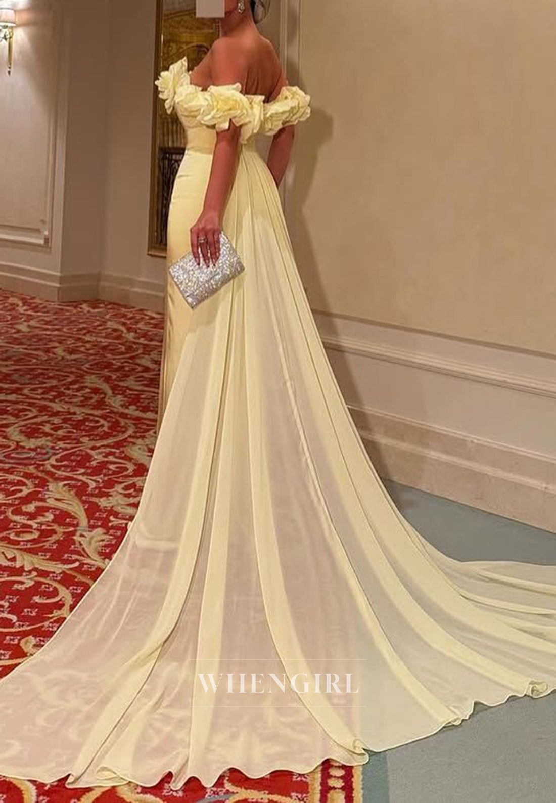 Yellow Off Shoulder Flower Sheath Sleeveless Formal Evening Dress with Train