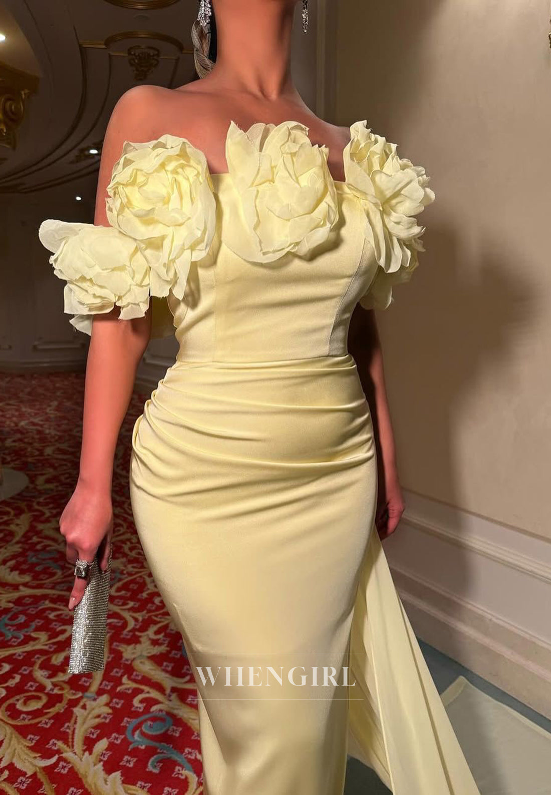 Yellow Off Shoulder Flower Sheath Sleeveless Formal Evening Dress with Train